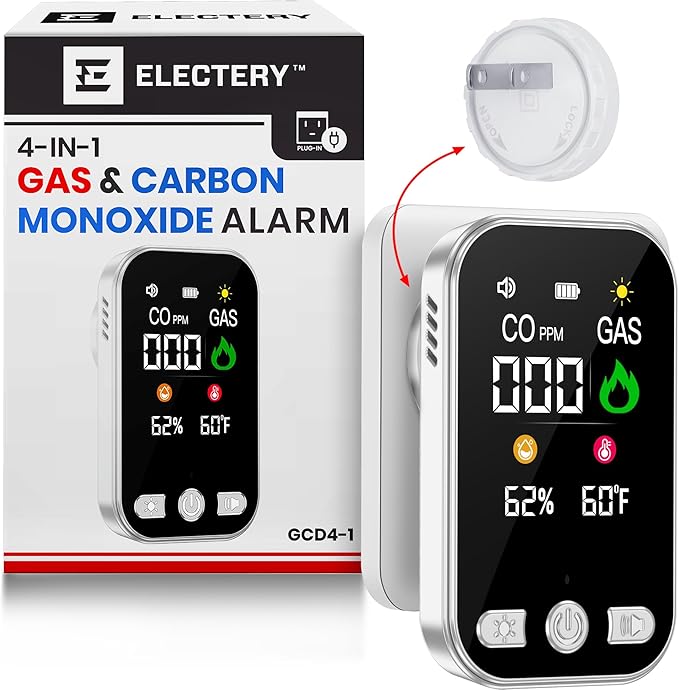 4‑in‑1 Upgraded Natural Gas Leak Detector & Carbon Monoxide Detectors Plug‑in with Dual Sensor, LCD Display Alarms, Temperature & Humidity Monitor for Home & RV