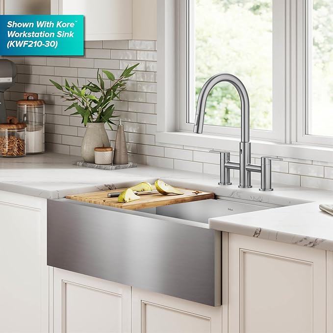 KRAUS Oletto Touchless Sensor Bridge Kitchen Faucet with Pull-Down Sprayhead in Spot-Free Stainless Steel, KSF-3122SFS