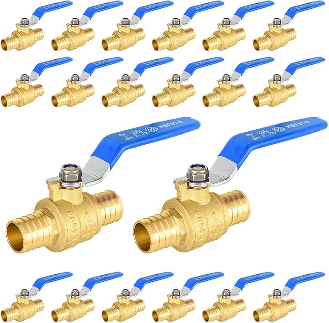20-Pack Foskan 1 Inch PEX Crimp Full Port Ball Valve with Blue Handle, Brass Quarter Turn Shut-off Valve for PEX Tubing