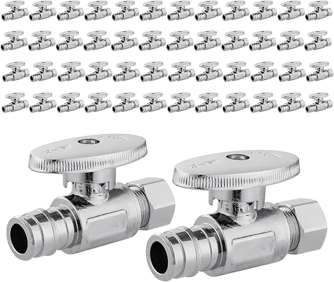 50 PCS EFIELD Stop Valve Pex-a 1/4 Turn Straight 3/8" OD Compression X 1/2" Expansion (F1960), Chrome Plated Brass,(VALVE101-50PCS)