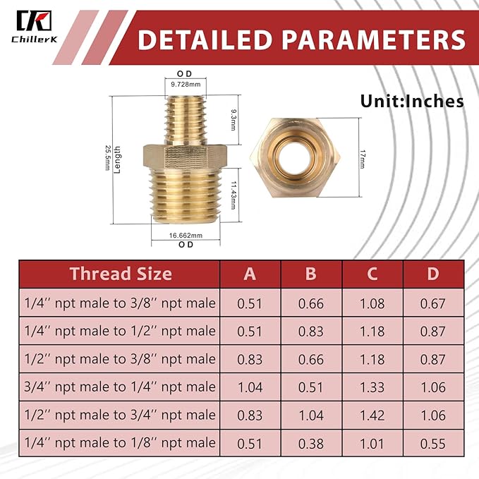 Hex Couplings, 1/2" x 3/4" NPT Male To Male Brass Hex Nipple Adapters, Brass Pipe Extension Fittings for Oil/Air/Water/Gas Systems. (2 Pack)