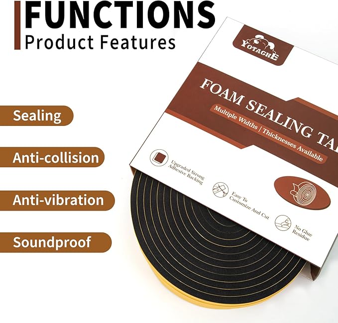 Yotache Weather Stripping Door Seal Strip 1/2 x 1/4 inch, 2 Rolls x 13Ft, New Adhesive Foam Insulation Tape for Door Frames, Windows, Total 26Ft