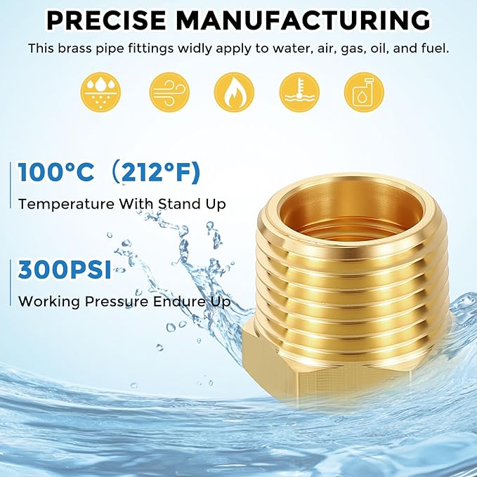 Pack of 10, 3/8" NPT Male to 1/8" NPT FeMale Solid Brass Hex Bushing, Hose Fittings Adapter Reducer Fit for Pipe Leak Repair, Bathroom Remodeling, Tool Extensions, Compression