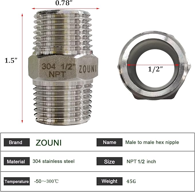 ZOUNI 5PCS Hex Nipple 1/2" Male x 1/2" Male Pipe Fittings, 304 Stainless Steel NPT 1/2 inch Male Threaded Pipe Adapter Fittings Equal Nipples Connectors, Male Straight Connector Pipe Fitting