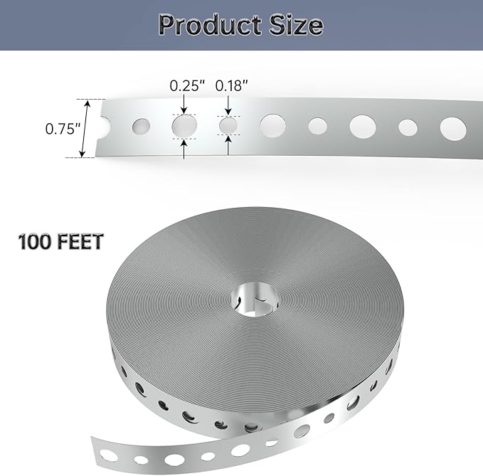 2 Pack Galvanized Metal Pipe Strap 3/4-Inch x 100-Feet 24-Gauge for Pipe Support Metal Strapping with Holes Metal Pipe Hanger Strap