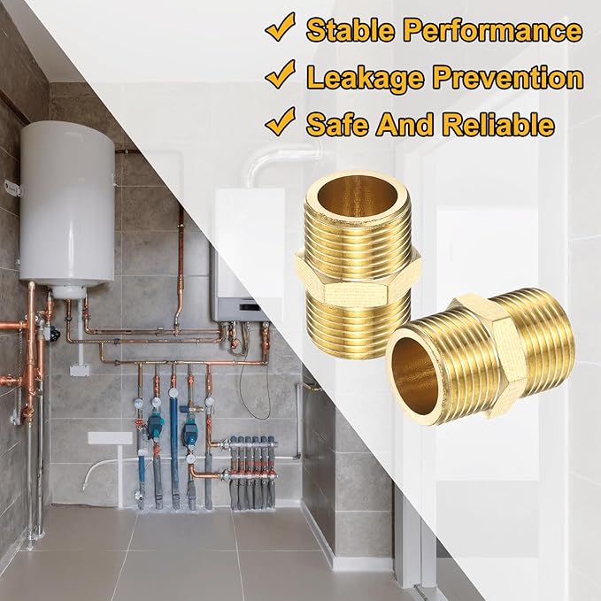 PATIKIL Brass Pipe Fitting, 2Pcs 3/8" BSP Male x 3/8" BSP Male Thread Connector Brass Hex Nipple Pipe Fitting Adapter for Gas Water Refrigeration System Conversion