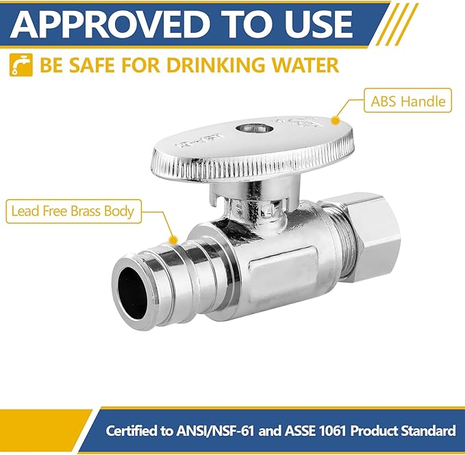 Straight Stop Valve,1/2 Inch Pex Expansion X 3/8 Inch OD Compression Straight Shut-off Valve with 1/4 Turn on/off (Pack of 5,ASTM F1960)(VALVE098-5Pack)