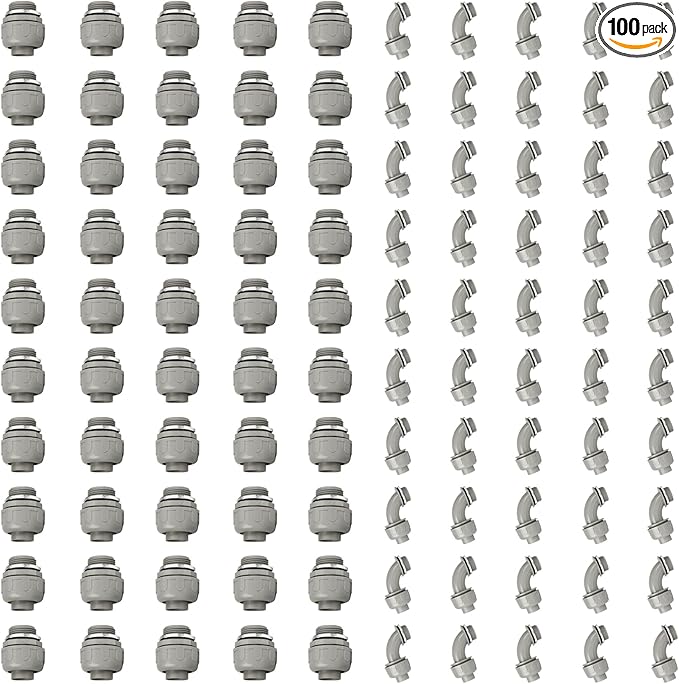 Conduit Connectors, 1 Inch Liquid Tight Connector NPT Non-Metallic for PVC Electrical Flexible Conduit Fittings, 50 Straight and 50 Angle 90 Degree, UL Listed, Grey (100-Pack)