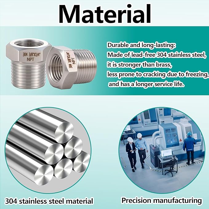 2 Pcs 3/8" Male NPT to 1/4" Female NPT Reducer Hex Bushing，304 Stainless Steel Pipe Fitting Hex Bushing, Heavy Duty Pipe Fitting Reducer Adapter