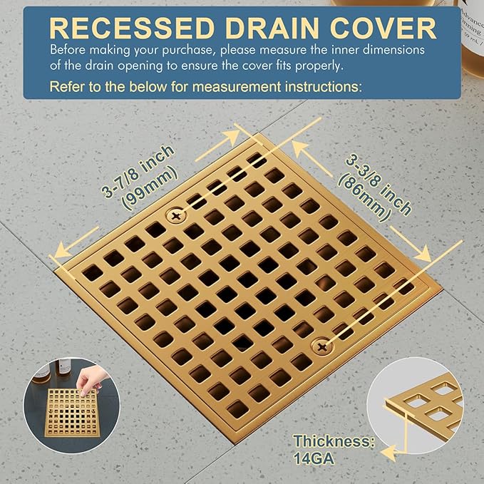4" Champagne Bronze Shower Drain Cover - Square Floor Drain Cover Replacement - Hair Catcher/Drain Strainer for Bathrooms, Showers, and Sinks - SUS304 Stainless Steel & CUPC Certified