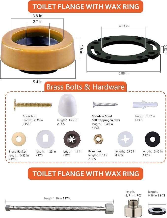 Extra Thick Toilet Wax Ring Replacement Kit with Flange & 16" Water Supply Line (7/8 in. Ballcock x 3/8 in. Comp) – Toilet Installation Kit, 3"/4" Drain Compatible, Toilet Flange Repair Kit