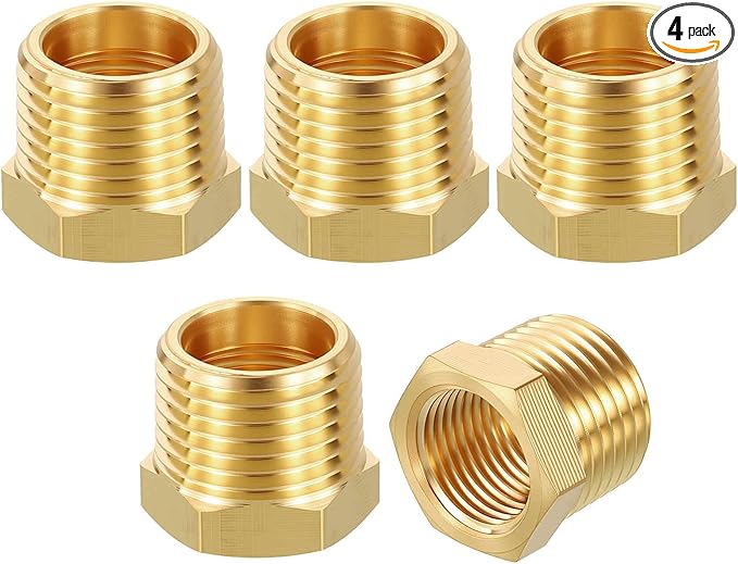 4 Pack Brass Pipe Fittings, 1/2" NPT Male to 3/8" NPT FeMale Brass Hex Bushing Reducer, Hose Tube Threaded Adapter for Air, Oil, LP