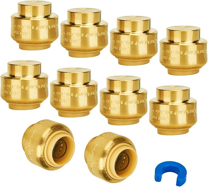 10-Pack SUNGATOR 1/2 Inch Cap, 1/2 Inch Push Cap, No Lead Brass Plumbing Fittings End Stop, Caping off PEX Pipe, Copper, CPVC, with 1 Disconnect Clip
