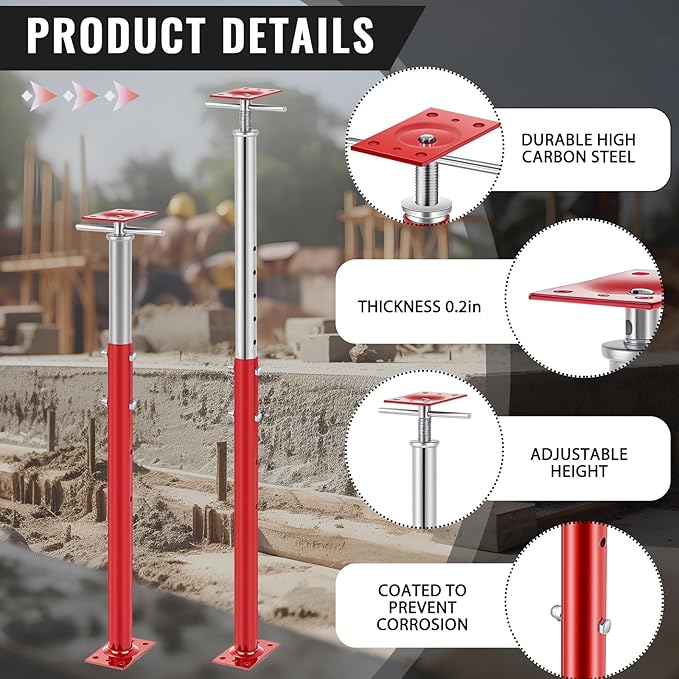 2 Pcs Adjustable Jack Post, 37"-61" Height Range, Basement Floor House Screw Jacks for Lifting Joist Beam Brace for Cellar Ceiling, Center Point Load Capacity 11023 Lbs, Red