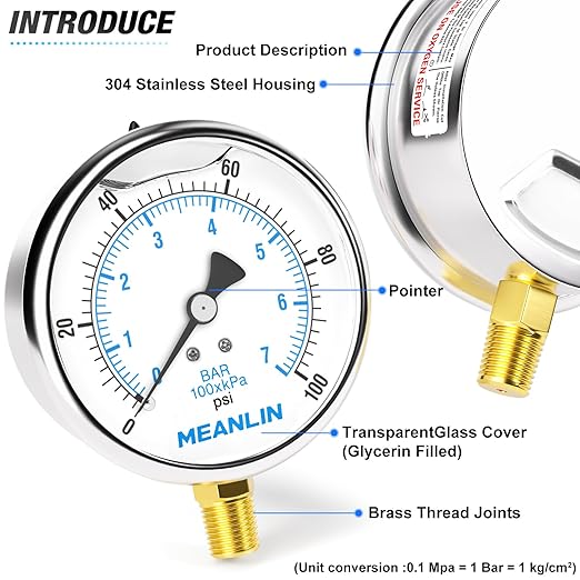 MEANLIN MEASURE 0~100Psi Stainless Steel 1/4" NPT 4" FACE DIAL Liquid Filled Pressure Gauge WOG Water Oil Air Lower Mount, with 1/2" NPT and 3/8" NPT Hex Bushing