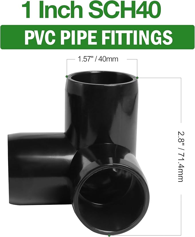 3 Way PVC Pipe Fittings 1 Inch, Zernmiarder Black PVC Elbow Corner Side Outlet Tee Fitting, SCH40 Furniture Grade Pipe Connectors - Fits 1" Polyvinyl Chloride Pipes, 12 Pieces