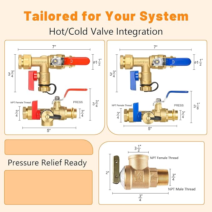 (Set of 1 Kit) HeSun 3/4" FIP X 3/4" PRESS IPS Isolator Tankless Water Heater Service Valve Kit, with Pressure Relief Valve(TOOL055)