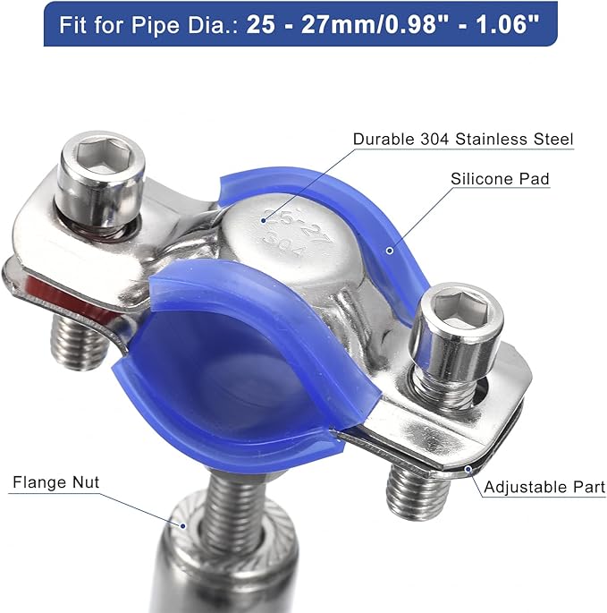 uxcell 2Pcs Stainless Steel Pipe Supports Wall Mount Ceiling Mount Pipe Bracket Adjustable Clamp Pipe Strap Fit for Dia 25-27mm Pipe Tube