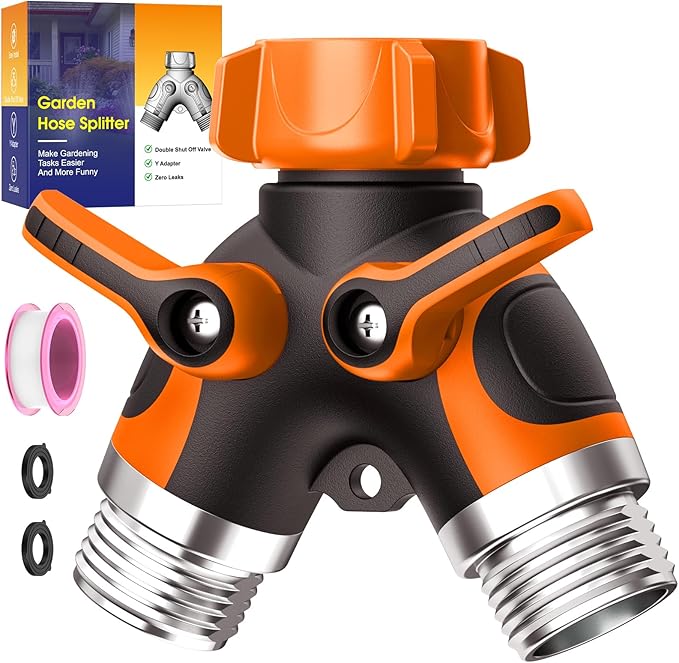 2 Way Garden Hose Splitter with Shut Off Valve,Water Spigot Splitter for 3/4" Hose Connector,Heavy Duty Metal Outdoor Faucet Splitter Y Connector with 3 Leakproof Washers & 1 tape-Orange