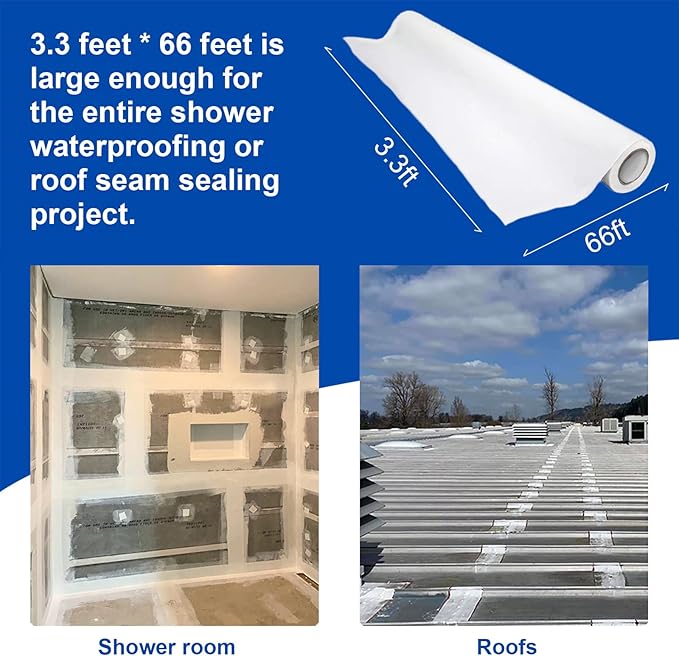 3.3 Ft x 66 Ft Waterproofing Membrane Fabric, Reinforcing Anti Fracture Geo Textile Mesh Drywall Tape, Liquid Waterproof Membranes Roof Tape for Shower Wall, Seams, Joints