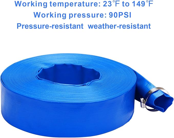 Lay-Flat Pool Backwash Hose - 2" x 100Ft Reinforced Heavy Duty PVC Discharge Hose Weather-Proof Vinyl Pool Drain Hose for Water Transfer with 2 clamps