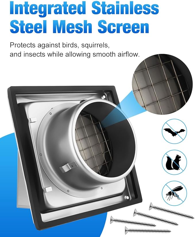 4" Dryer Vent Cover Outside with Screen, Hooded Wall Vent with Non-Return Flap for Kitchen Range Hood Dryer Ventilation (with Detachable Extended Pipe Vent Hood, Stainless Steel)