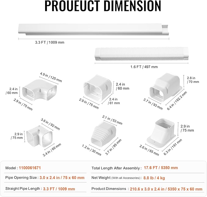 VEVOR Mini Split Line Set Cover 3-inch W 17.6Ft L, PVC Decorative Pipe Line Cover for Air Conditioner with 4 Straight Ducts & Full Components Easy to Install, Paintable for Heat Pumps, White
