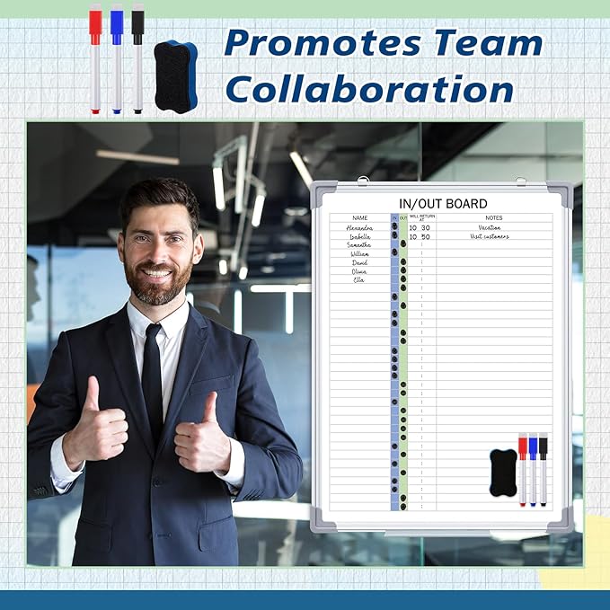 Lincia in and Out Magnetic Dry-Erase Board 24" x 18" Aluminum Framed White Board with Lines 33 Names with Magnetic Dry-Erase Marker, Eraser, and 35 Magnets Wall-Mounted for Office Employee