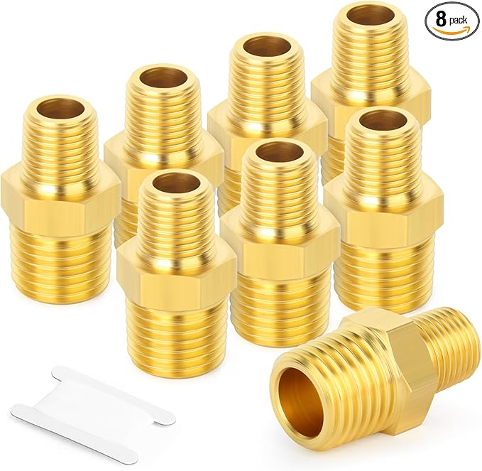 GASHER Brass Reducing Hex Nipples,1/2 Inch NPT Male x 3/4 Inch NPT Male Brass Pipe Adapter Fittings Reducing Nipples Connector（8Pcs）