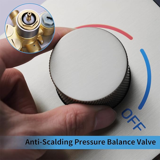 4 Way Shower Diverter Valve with Temperature Display Brass Rough-In Shower Mixing Valve Kit Replacement Can Work At The Same Time, Brushed Nickel