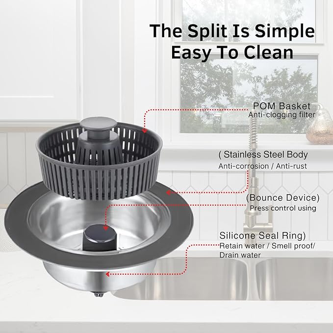 Upgraded 3in1 Kitchen Sink Drain Strainer & Sink Stopper, Stainless Steel Kitchen Drain Plug & Sink Installation Parts with Anti-Clogging Basket, Fit US Standard 3-1/2.8'' Sink Drain Hole
