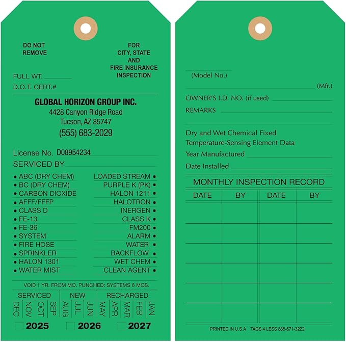 Tags 4 Less Custom Fire Extinguisher Tags – Preventative Maintenance Labels for Monthly Inspections, Alternative to Safety Sticker for Easy Record-Keeping – Pack of 100 (Dark Green, Cardboard)
