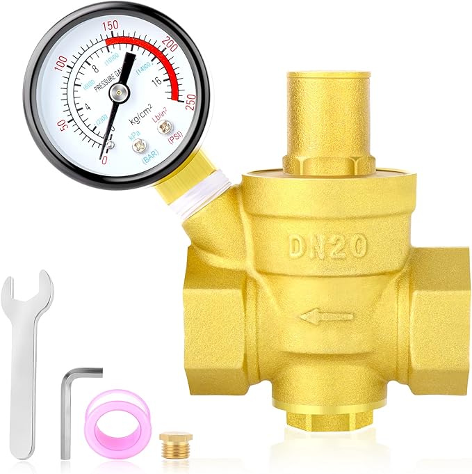 MEANLIN MEASURE 3/4 inch brass Water pressure regulating valve, pressure regulating valve, pressure reducing valve, DN20, with 0-250PSI pressure gauge Yellow