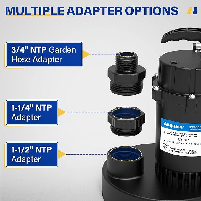 Acquaer 1/3 HP Sump Pump, 3040 GPH Submersible Clean/Dirty Water Pump with Automatic Float Switch and 10ft Power Cord Sub Pump for Basement, Pool, Pond, Drain, Flooded Cellar, Aquarium and Irrigation