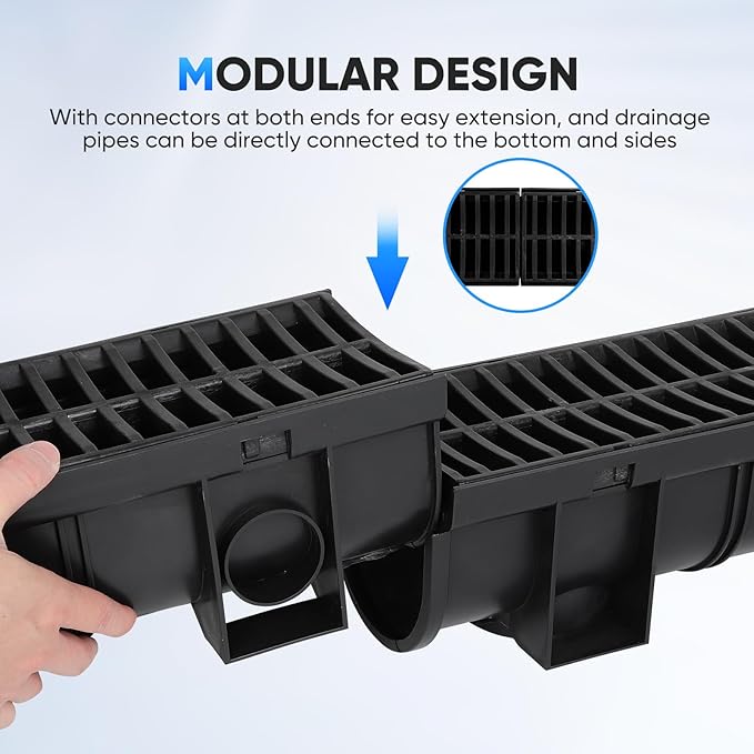 Trench Drain System, Channel Drain with Plastic Grate, 5.9x7.5-Inch HDPE Drainage Trench, Black Plastic Garage and Garden Drain, 4x39 Trench Drain Grate, with 4 End Caps-4 Pack