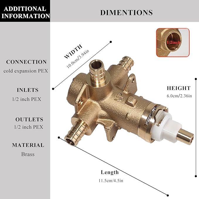 Replacement for FP62325PF Pressure Brass Balancing Valve, Shower Valve with 1/2" Crimp Ring PEX Connection