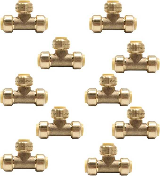 (Pack of 10) EFIELD 1/2 Inch Tee Push-Fit Fitting to Connect Pex, Copper, CPVC with a Disconnecting Clip,(PF118-10PCS)