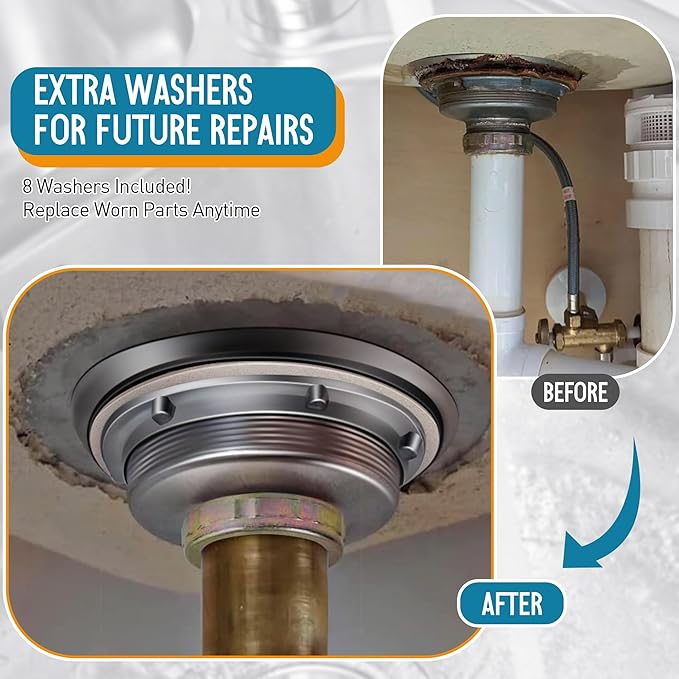 9 Pack Sink Strainer Nut and Washer Set, With 1 Metal Nut, 4 Rubber Washers and 4 Fiber Washers, Leak Proof Design, Minimize Replacements and Extend Sink Strainer, Easy to Install