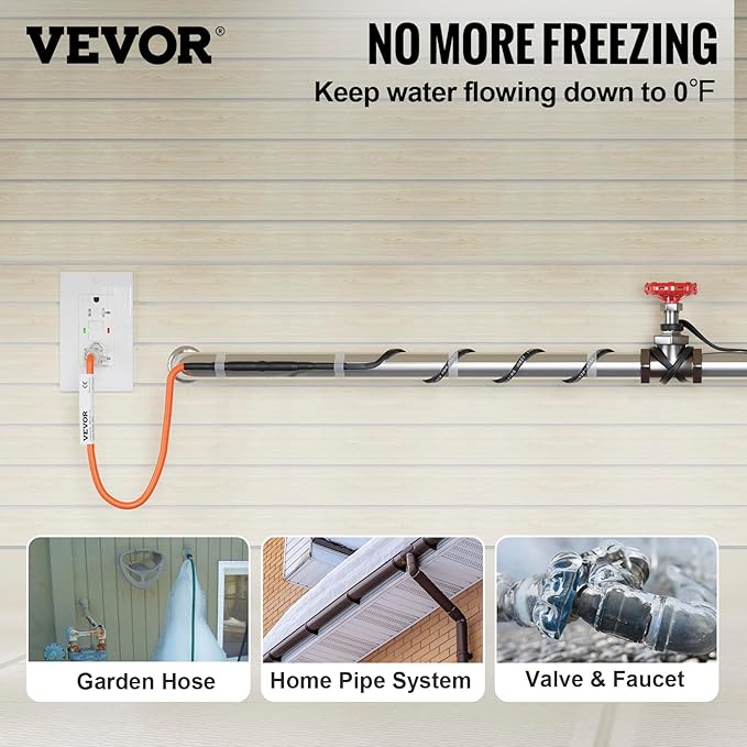 VEVOR Self-Regulating Pipe Heating Cable, 30-feet 5W/ft Heat Tape for Pipes Freeze Protection, Protects PVC Hose, Metal and Plastic Pipe from Freezing, 120V