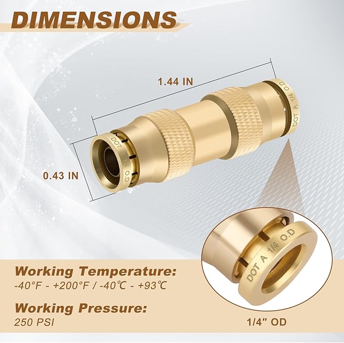 1/4" Quick Push to Connect Fittings Brass Union Straight Joint DOT Approved 1/4 inch tube OD Air Line Adapter Air Spring Suspension Kit for Car Truck Trailers and Air Brake System 10pcs