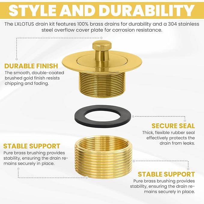 Brushed Gold Bathtub Drain - Lift and Turn - Gold/Brass Tub Drain, Overflow Drain Cover, and Tub Drain Replacement Kit - Solid Brass - Professional Grade - Fits 1-3/8" and 1-1/2"