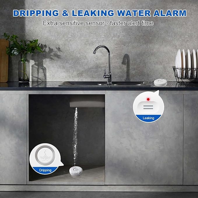 Water Leak Detectors for Home, 2Pcs WD71, 120dB Adjustable Water Leak Alarm for WiFi Gateway/Hub(Gateway Not Included), Wireless Water Sensor Alarms for Kitchen, Bathroom, Laundry and Basement