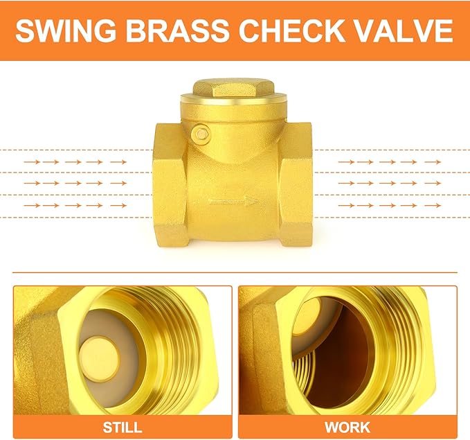 GASHER 1PCS Brass Swing Check Valve 1/2" Female Thread, Backflow Prevention, One Way Check Valves for Sump Pump and Air Compressor, Gas Air Fuel Oil Water
