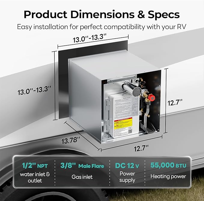 FOGATTI RV Tankless Water Heater, InstaShower 8 Plus, 3 Optional Door Sizes 15"x15", 15"x18" and 18"x18" for Refitment, DC 12V, Optimized Summer Comfort Performance, Ideal for RVers' Family Use