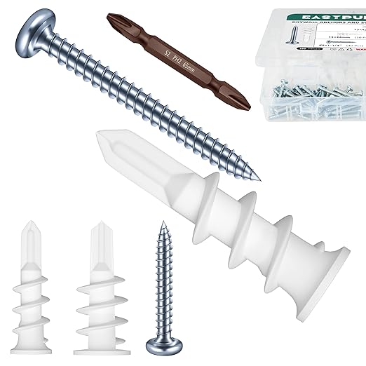 Self Drilling Anchor Screws, 150PCS Dry Wall Anchors and Screws Kit 75pcs Plastic Dry Wall Anchors and 75pcs Truss Pan Head Screw, Wall Hanging Kit