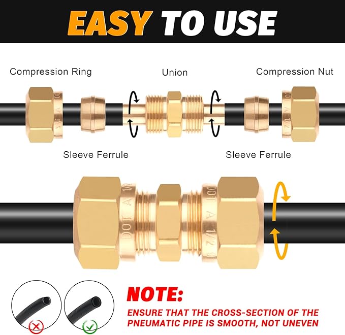 DOT Air Brake Line Fittings Connector for Nylon Tubing 1/2", Brass Air Compression Nylon Hose Fitting with D.O.T Approved for Trucks Trailers and Industrial Repair(Pack 2)