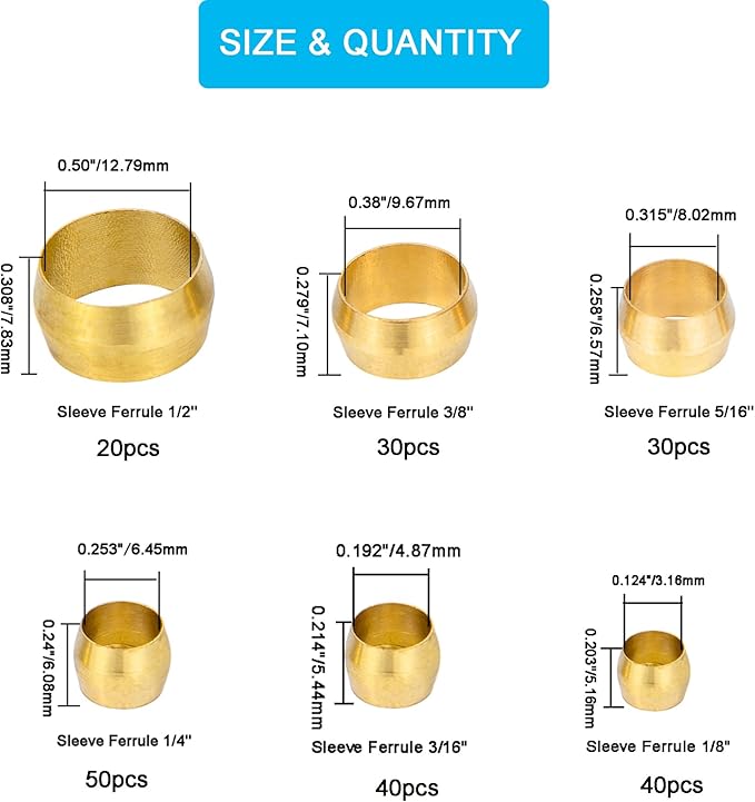 210PCS Tube OD（1/8" 3/16" 1/4" 5/16" 3/8" 1/2") Brass Compression Sleeves Ferrules,6 Sizes Brass Compression Fitting Assortment Kit