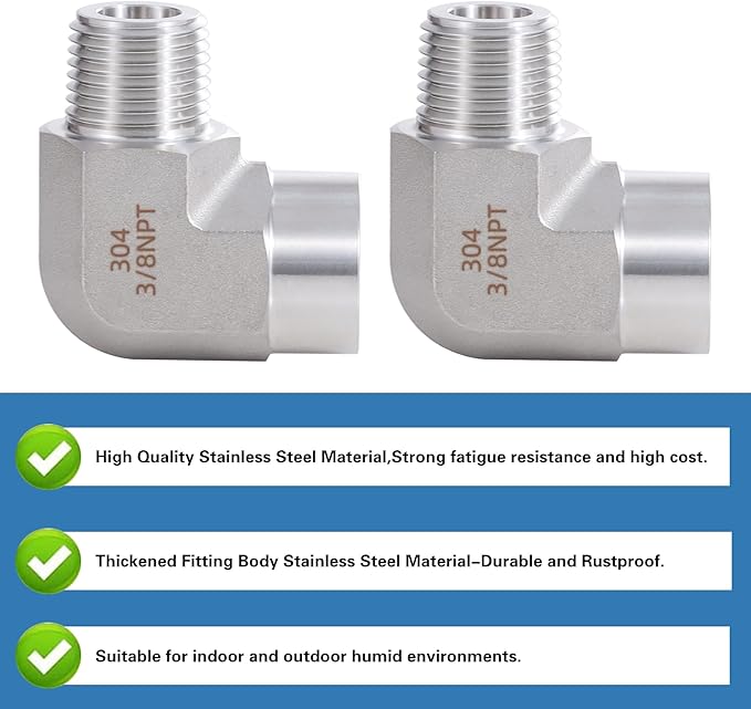 Stainless Steel Pipe Fitting,90 Degree Barstock Street Elbow, 3/8" NPT Male x 3/8" NPT Female (Pack of 2)