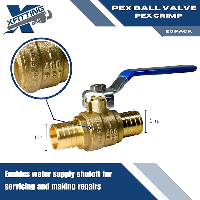 XFITTING 20 Pieces 1" Pex Ball Valve Blue/Cold, 24-2-6=20X (20 Packs)