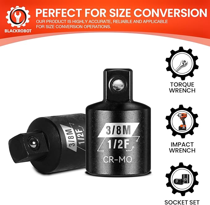 BLACKROBOT 2 Piece 1/2”F To 3/8”M Impact Socket Adapter Set,SAE Drive Cr-Mo Steel Exceeds ANSI Standards,Square Drive Reducer for Impact Driver Wrench